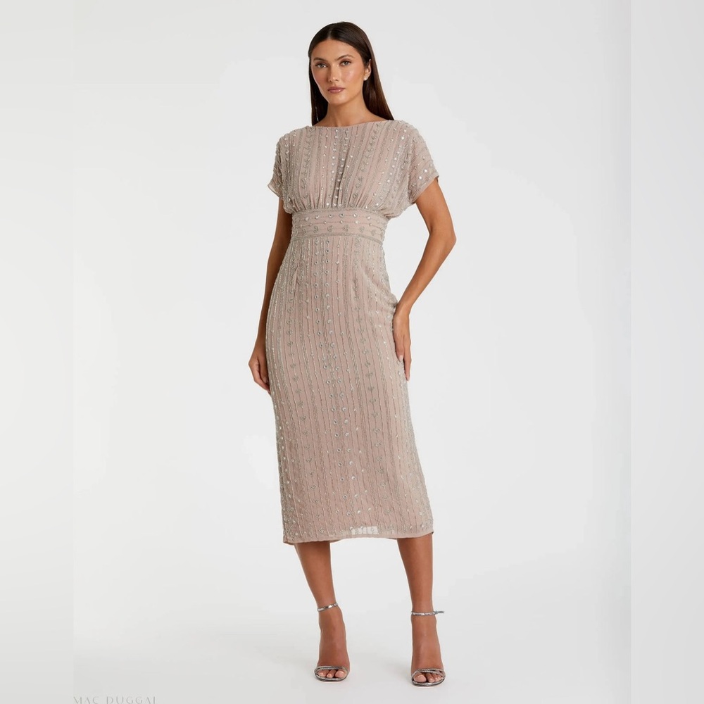 NWT Mac Duggal Beige Beaded Cap Sleeve Empire Waist Sheath Midi Dress | Sz 6